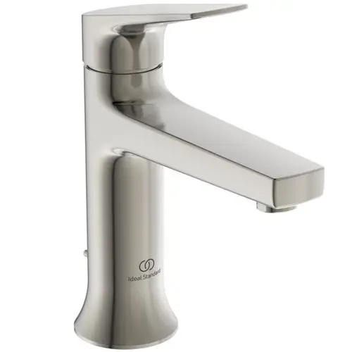 Waschtischarmatur in metallischem Design mit einem flachen Bedienhebel und Auslauf. Logo von Ideal Standard ist sichtbar.